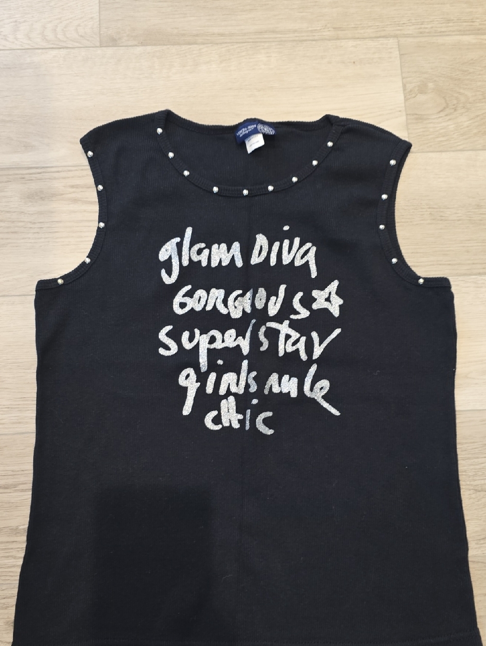 Glam Diva Black Studded Silver SPARKLY Graphic Tank Top 14/16